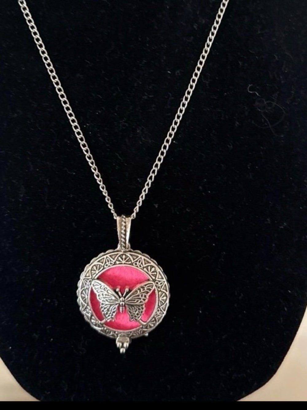 Silver Butterfly Diffuser/Perfume Locket Necklace with Pink Acent- Women Jewelry